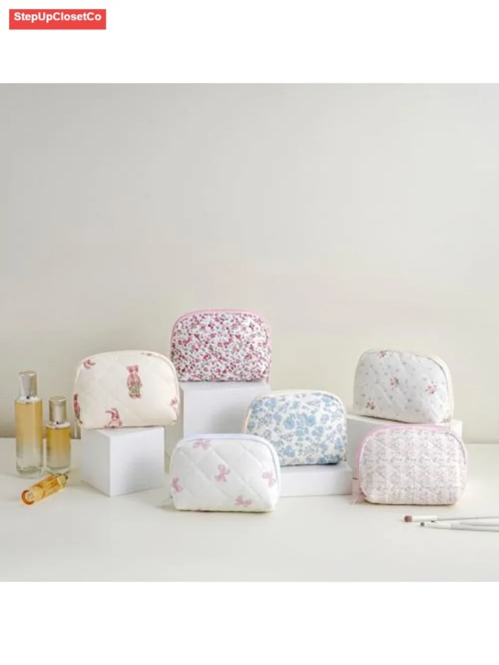 Quilted Conch Shaped Makeup Bag Cotton Travel Toiletry Organizer Pouch